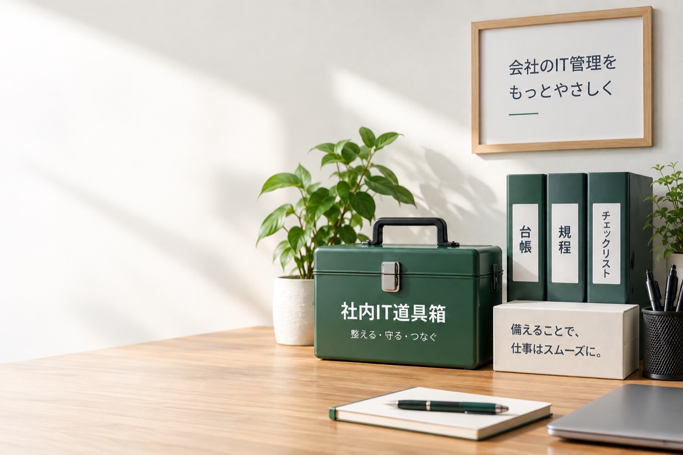 机の上の緑の道具箱と、「台帳」「規程」「チェックリスト」のラベルを貼ったファイル