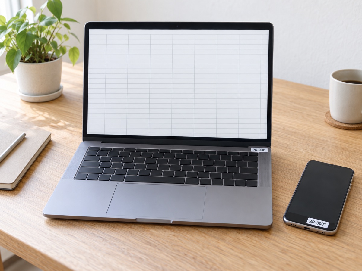 机の上のノートPCとスマートフォン。それぞれに「PC-0001」「SP-0001」の管理ラベルが貼ってある